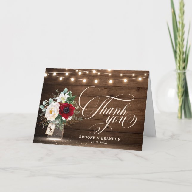Tarjeta De Agradecimiento Rústica floral borgoñona Mason Jar Boda Gracias (Anverso)