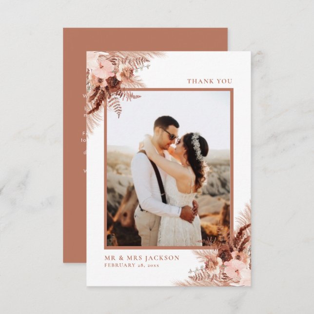 Tarjeta De Agradecimiento Rústica Terracota Pampas Boda Elegante (Anverso / Reverso)