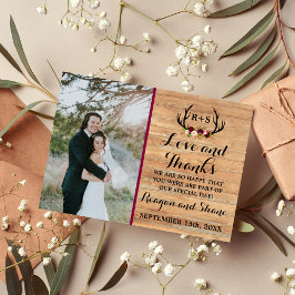 Tarjeta De Agradecimiento Rústicas Antlers Floral Burgundy Wood Gracias