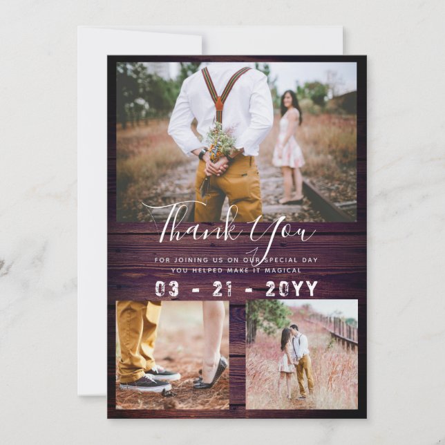 Tarjeta De Agradecimiento RUSTICIA Gracias Boda COLLAGE DE FOTOS Púrpura (Anverso)