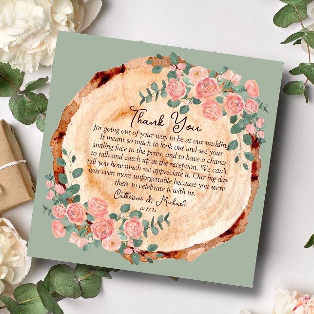 Tarjeta De Agradecimiento Rústico Anillos de madera de corteza acuarela Rose (Subido por el creador)
