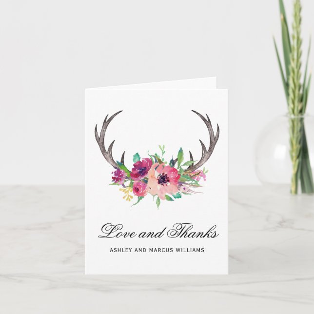Tarjeta De Agradecimiento Rústico Antlers Boho Floral (Anverso)