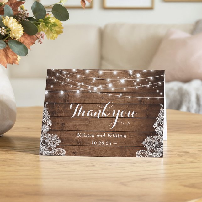 Tarjeta De Agradecimiento Rústico Barn Wood Twinkle Luces Lace (Subido por el creador)