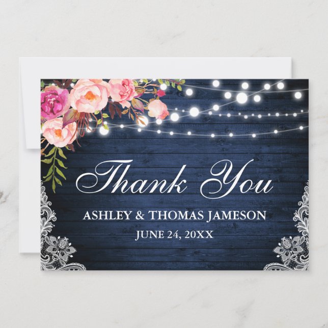 Tarjeta De Agradecimiento Rústico Boda Azul Madera Azul Rosa Floral Lace (Anverso)