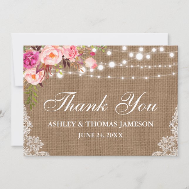 Tarjeta De Agradecimiento Rústico Boda Burlap Luces Lace Floral Gracias (Anverso)