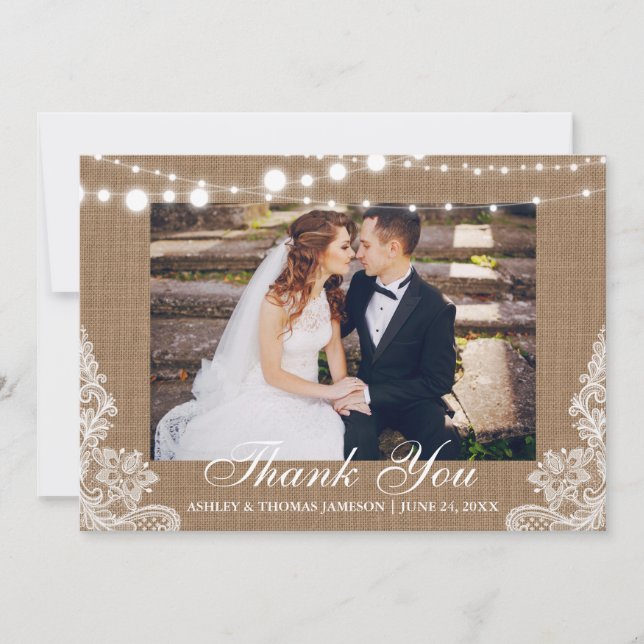 Tarjeta De Agradecimiento Rústico Boda Burlap Lughts Lace Photo Gracias (Anverso)