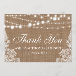 Tarjeta De Agradecimiento Rústico Boda Burlap String Lughts Lace Gracias