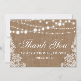 Tarjeta De Agradecimiento Rústico Boda Burlap String Lughts Lace Gracias