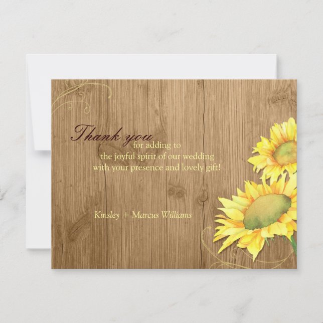 Tarjeta De Agradecimiento Rústico Boda de girasol marrón (Anverso)