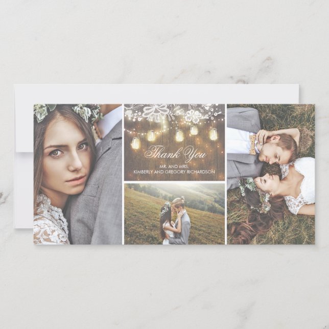 Tarjeta De Agradecimiento Rústico Boda de luces de encaje y Mason Jar gracia (Anverso)