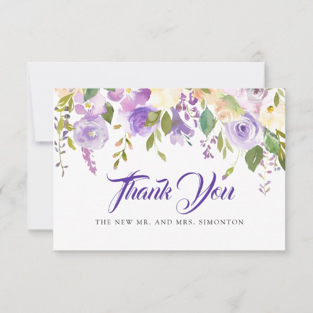 Tarjeta De Agradecimiento Rústico Boda floral de marfil blanco morado (Anverso)