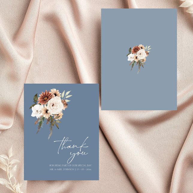 Tarjeta De Agradecimiento Rústico Boda Floral Dusty Blue Peach Gracias (Elegant Dusty Blue Peach Floral Wedding Thank You)