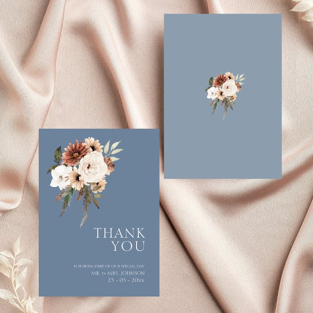 Tarjeta De Agradecimiento Rústico Boda Floral Dusty Blue Peach Gracias (Elegant Dusty Blue Peach Floral Wedding Thank You)