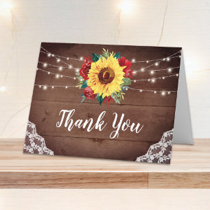 Tarjeta De Agradecimiento Rústico Boda floral rojo de encaje de madera de gi