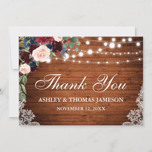 Tarjeta De Agradecimiento Rústico Boda Luces de Madera Lace Floral (Anverso)