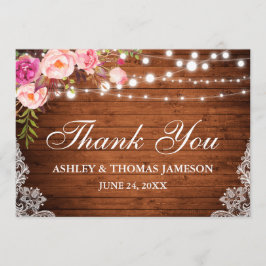 Tarjeta De Agradecimiento Rústico Boda Madera Luces Florales Rosa Gracias