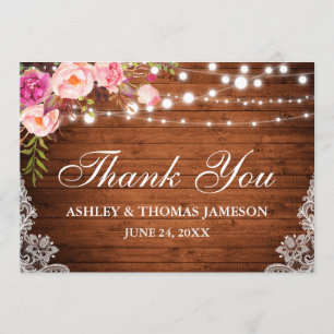 Tarjeta De Agradecimiento Rústico Boda Madera Luces Florales Rosa Gracias
