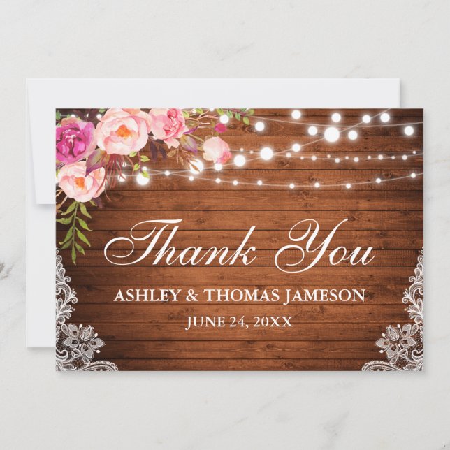 Tarjeta De Agradecimiento Rústico Boda Madera Luces Florales Rosa Gracias (Anverso)