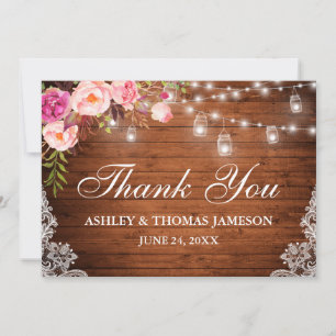 Tarjeta De Agradecimiento Rústico Boda Madera Rosa Floral Jar Luces Lace