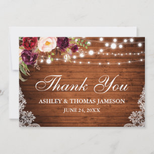 Tarjeta De Agradecimiento Rústico Boda Wood Floral Luces Lace Gracias
