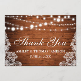 Tarjeta De Agradecimiento Rústico Boda Wood String Lights Lace Gracias