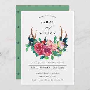 Tarjeta De Agradecimiento Rústico Boho Floral Stag Antlers Invitan a la boda