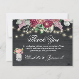 Tarjeta De Agradecimiento Rústico Borgoña Mason Jar String Luces Boda