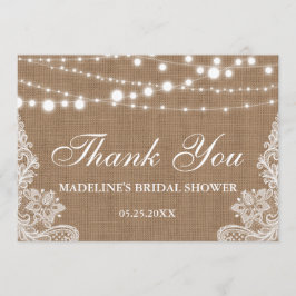 Tarjeta De Agradecimiento Rústico Bridal Shower Burlap Lughts Lace Gracias
