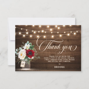 Tarjeta De Agradecimiento Rústico Burgundy Mason Jar Floral Bridal Shower