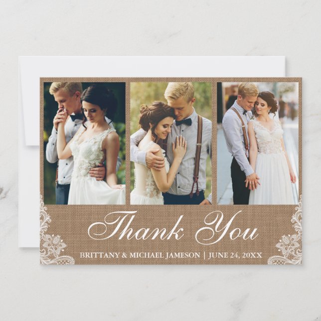 Tarjeta De Agradecimiento Rústico Burlap Lace 3 Photo Boda Gracias (Anverso)
