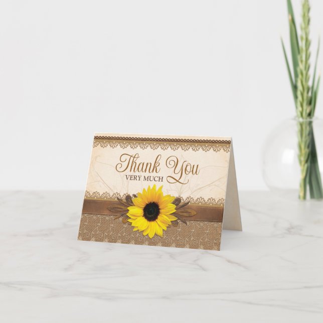 Tarjeta De Agradecimiento Rústico Burlap Lace Wood Sunflower Boda (Anverso)