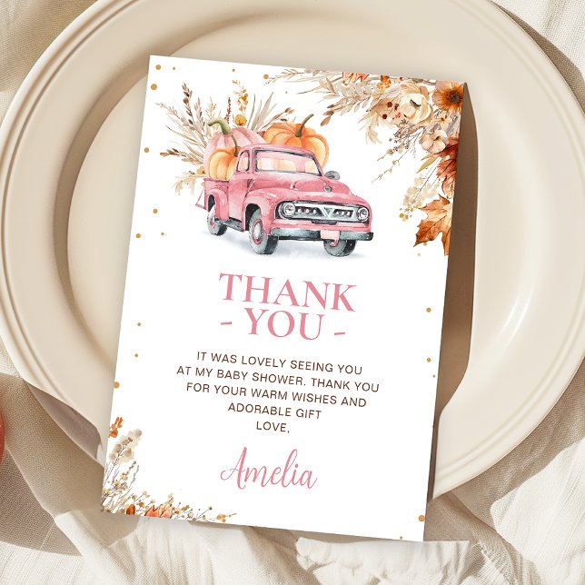 Tarjeta De Agradecimiento Rústico Camión de Calabaza Rosa (Editable Pumpkin Truck Baby Shower Thank You Card Fall Harvest Pink Truck Baby Shower Girl Thank You)