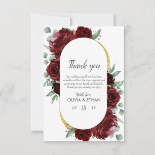Tarjeta De Agradecimiento Rústico elegante Rosa Rojo Floral Oro Boda Blanco