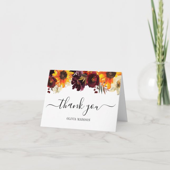 Tarjeta De Agradecimiento Rústico girasol Borgoña Peony Shower (Anverso)