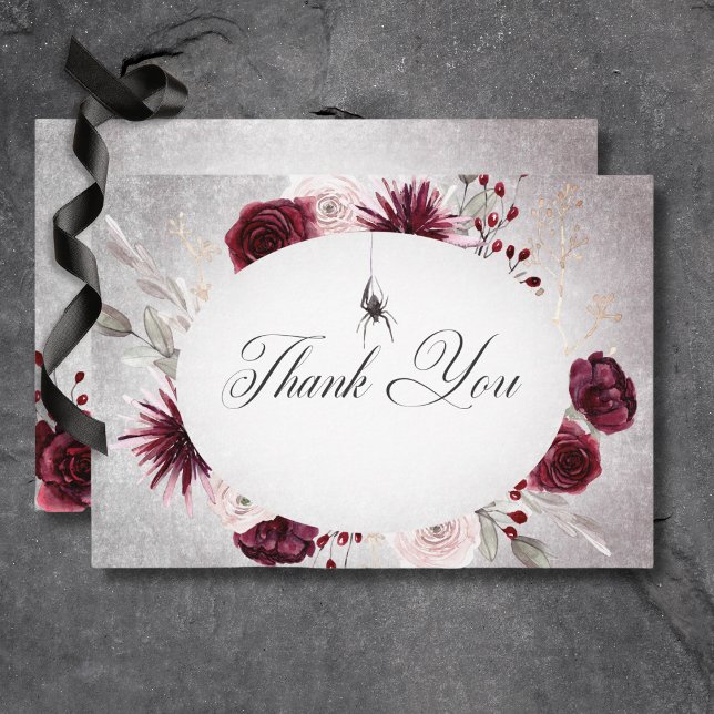 Tarjeta De Agradecimiento Rústico Gótico Negro y Borgoña Boda de Halloween (Rustic Gothic Black & Burgundy Halloween Wedding Thank You Card)