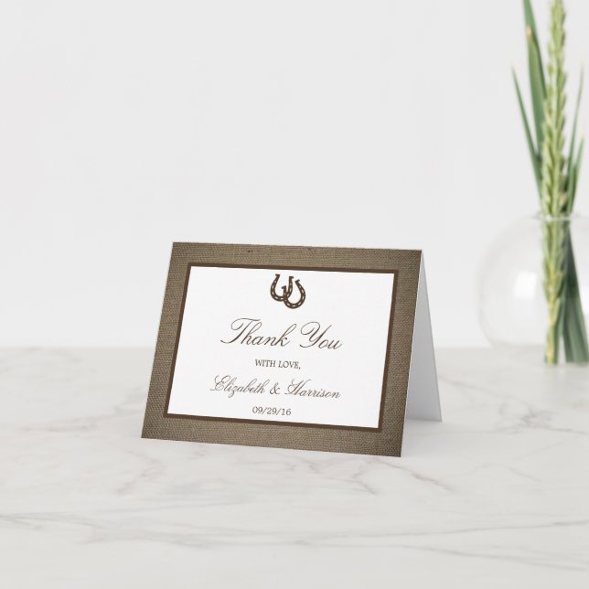 Tarjeta De Agradecimiento Rústico Herradura Del País En El Boda Burlap (Anverso)