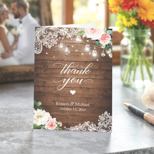 Tarjeta De Agradecimiento Rústico Mason Jar enciende Boda de encaje floral