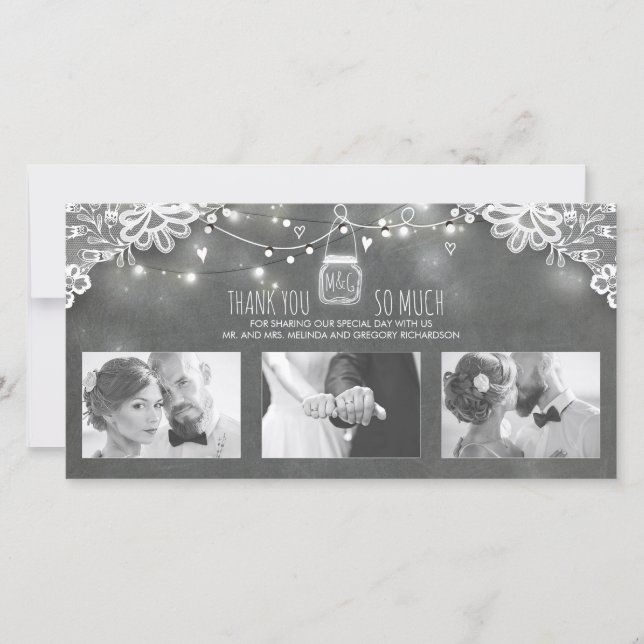 Tarjeta De Agradecimiento Rústico Mason Jar Lights Lace Boda Gracias (Anverso)