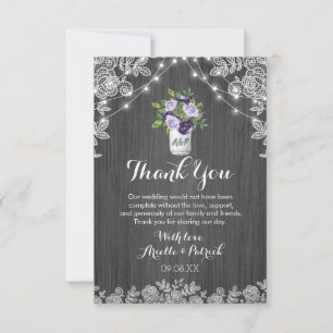 Tarjeta De Agradecimiento Rústico Mason Jar Purple Silver Boda floral