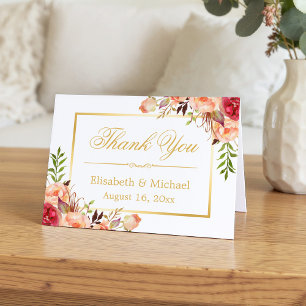 Tarjeta De Agradecimiento Rústico Naranja Rosa Flores Marco de Oro Gracias