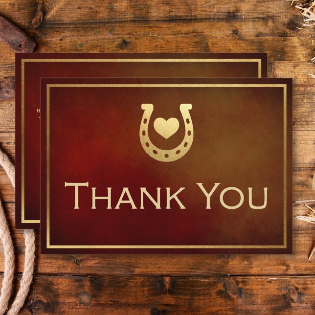 Tarjeta De Agradecimiento Rústico Occidental Herradura Borgoña y Boda de Oro (Western Rustic Horseshoe Burgundy & Gold Wedding Thank You Card)