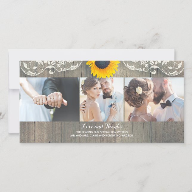 Tarjeta De Agradecimiento Rústico País De Madera Barn Sunflower Lace Gracias (Anverso)