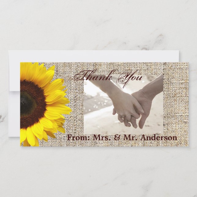 Tarjeta De Agradecimiento Rústico País Occidental Burlap Boda del girasol (Anverso)
