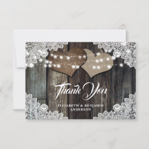 Tarjeta De Agradecimiento Rústico País Wood Lace Burlap Hearts Boda