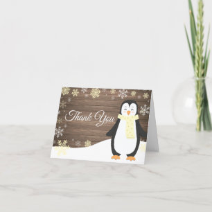 Tarjeta De Agradecimiento Rústico penguin de invierno amarillo copo de nieve