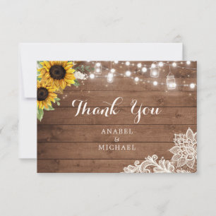 Tarjeta De Agradecimiento Rústico Sunflower Wood String Luces Lace Mason Jar