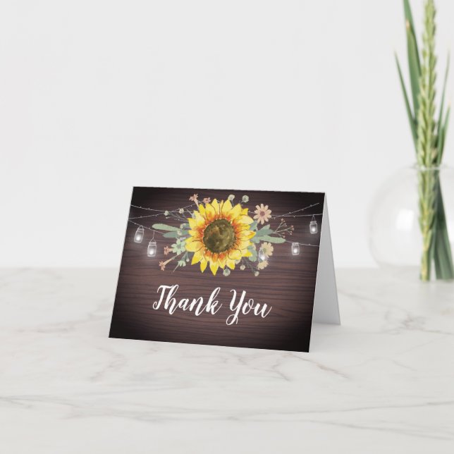 Tarjeta De Agradecimiento Rústico Sunflowers Jar Ilumina Wood Bridal Shower (Anverso)