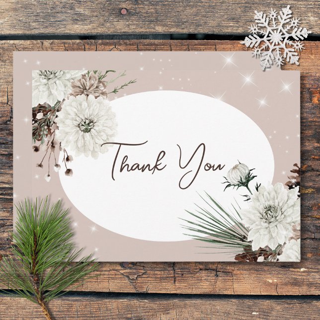 Tarjeta De Agradecimiento Rústico Tan Pine Winter Sparkle Boda (Rustic Tan Pine Winter Sparkle Wedding Thank You Card)