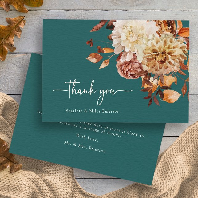 Tarjeta De Agradecimiento Rústico Verde azulado (Rustic Copper Leaves Autumn Floral Teal Thank You Card by Painted Paperie
)