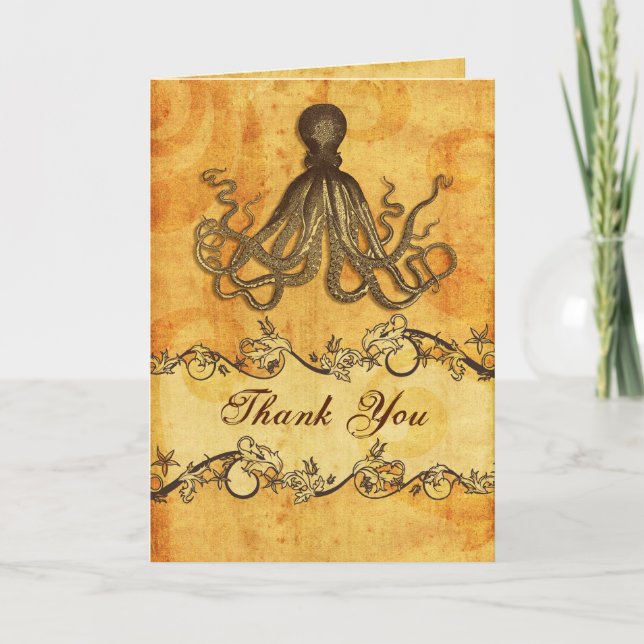 Tarjeta De Agradecimiento rústico, vintage, octopus beach gracias (Anverso)